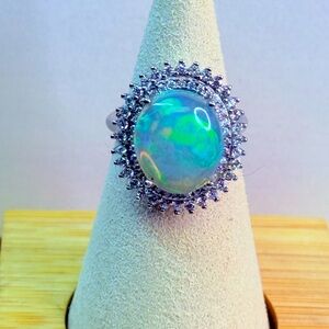 Fire Opal Ring Blue/Green Flash S925 NWOT